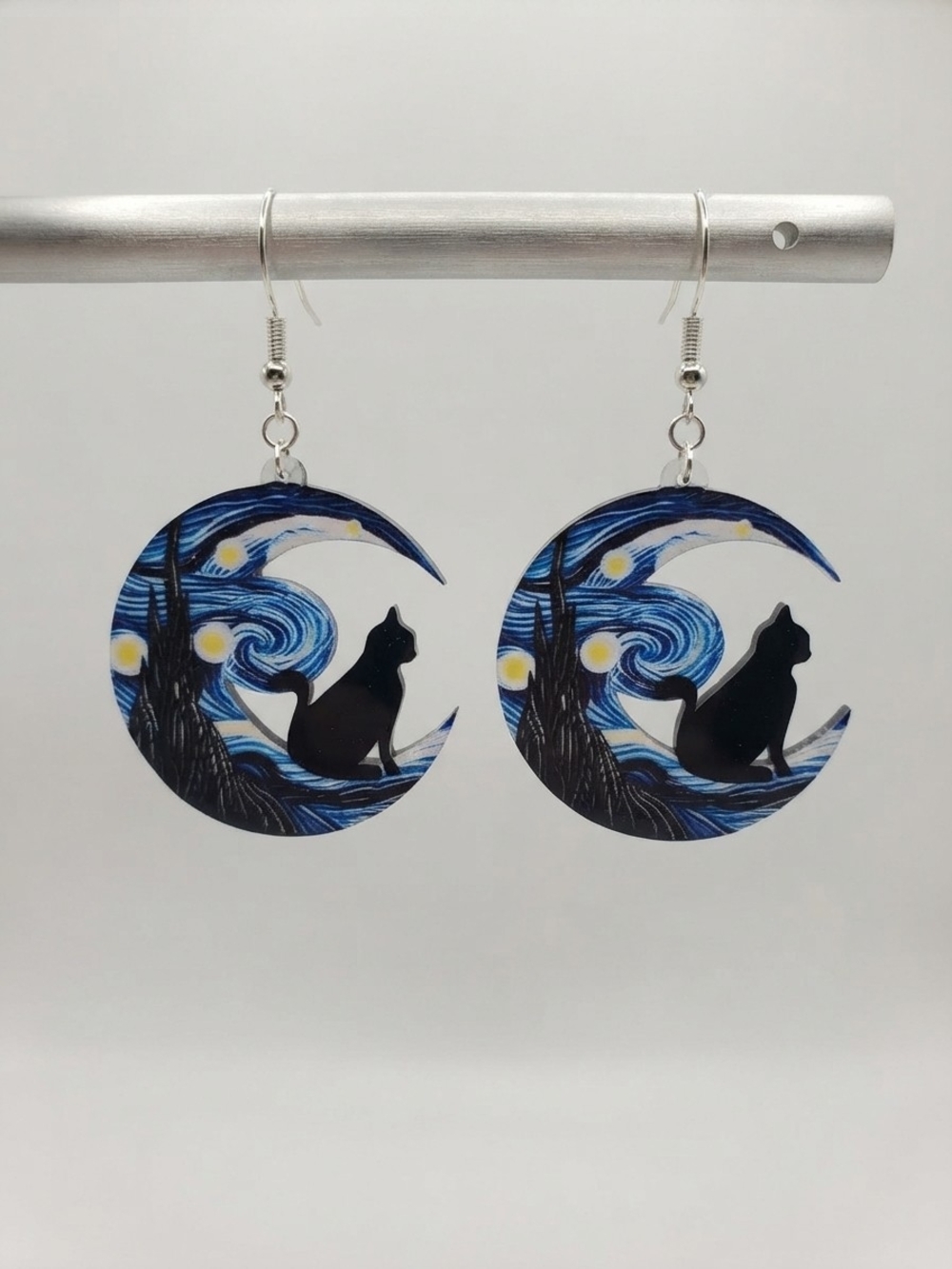 NEW Handmade Starry Night Cat Silhouette Crescent Moon Earrings   (0351)